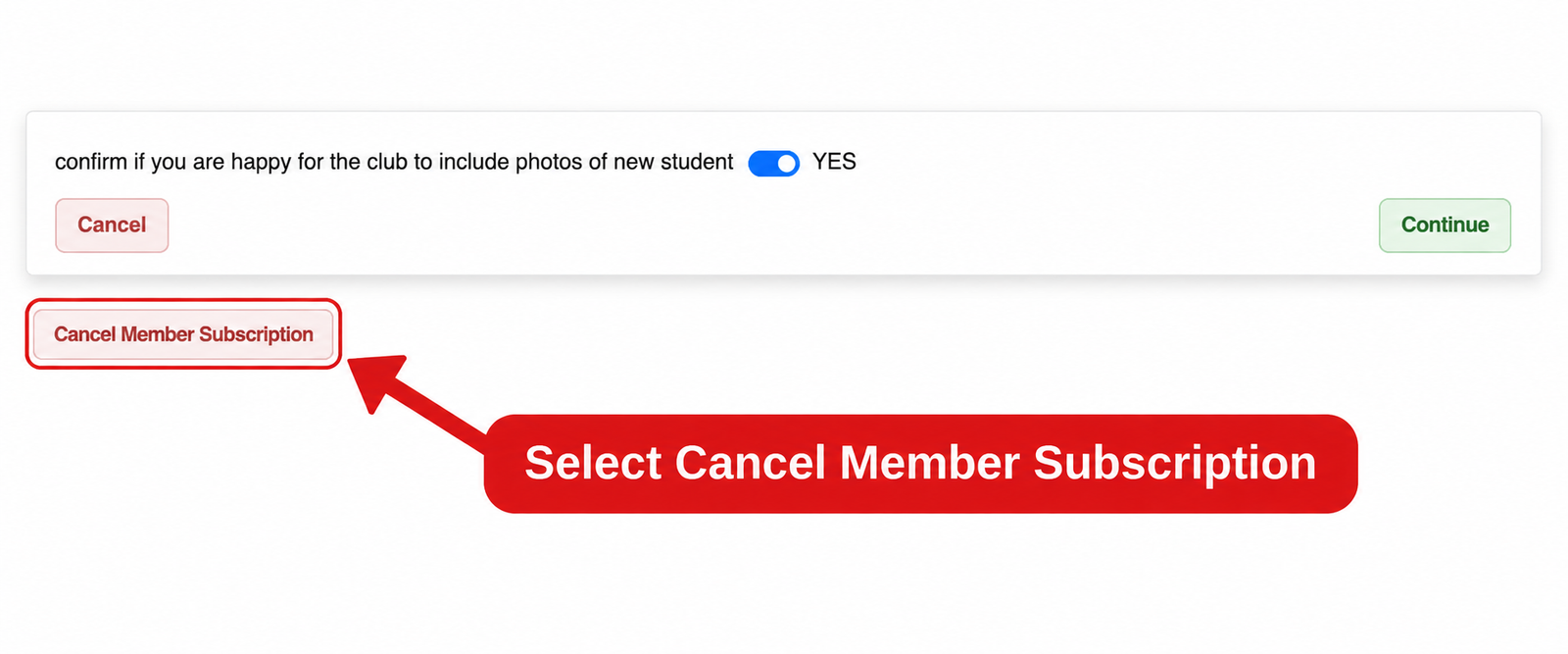 Bottom of the member profile with a red arrow highlighting Cancel Member Subscription below the profile form.