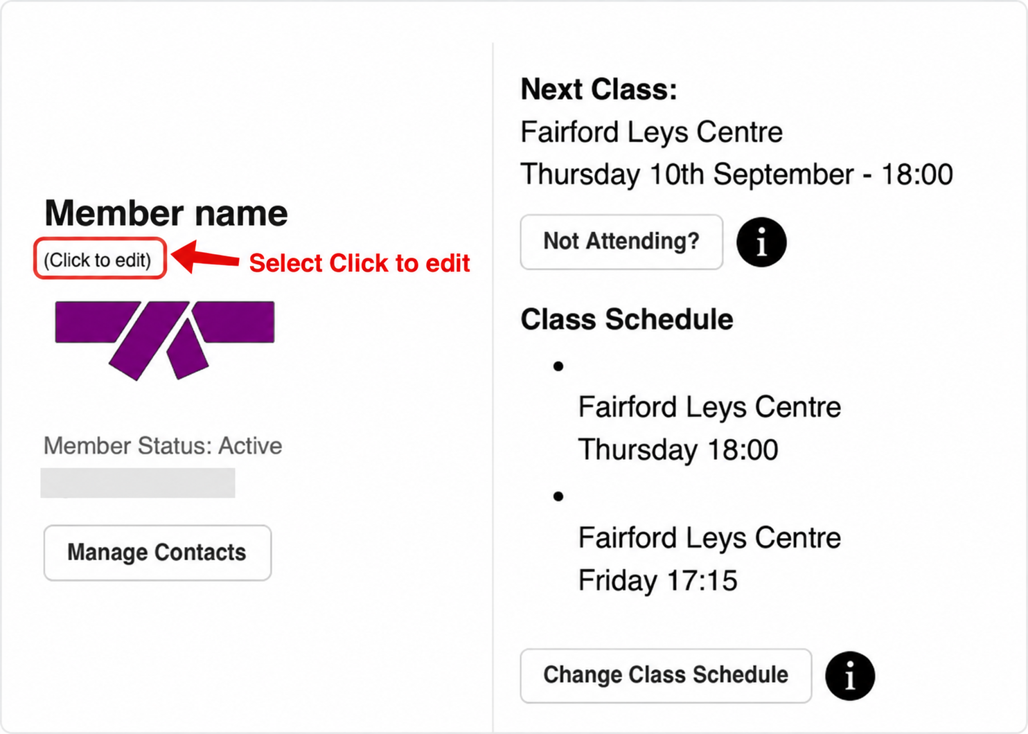 Example member dashboard with a red arrow highlighting Click to edit beneath the member’s name.