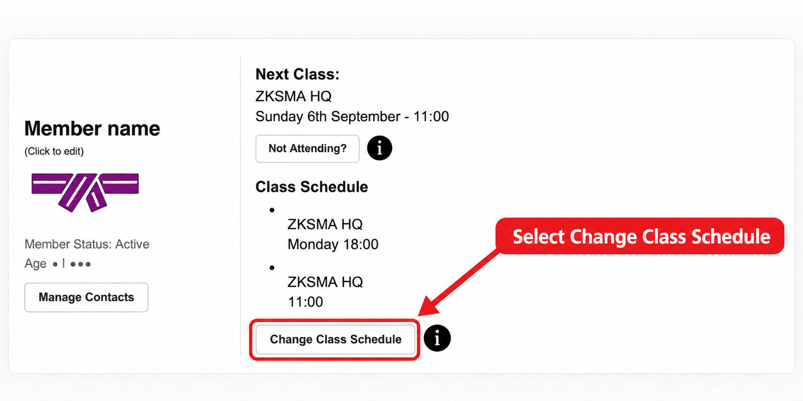 Example active member dashboard with Change Class Schedule outlined in red and an arrow showing where to select it.