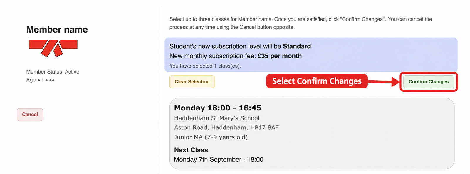 Example class selection screen showing the selected class, membership level and monthly fee, with Confirm Changes highlighted by a red outline and arrow.