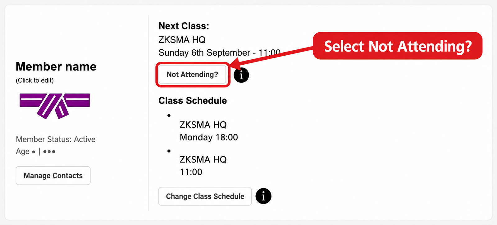 Example active member dashboard with Not Attending? beneath Next Class outlined in red and an arrow pointing to the button.