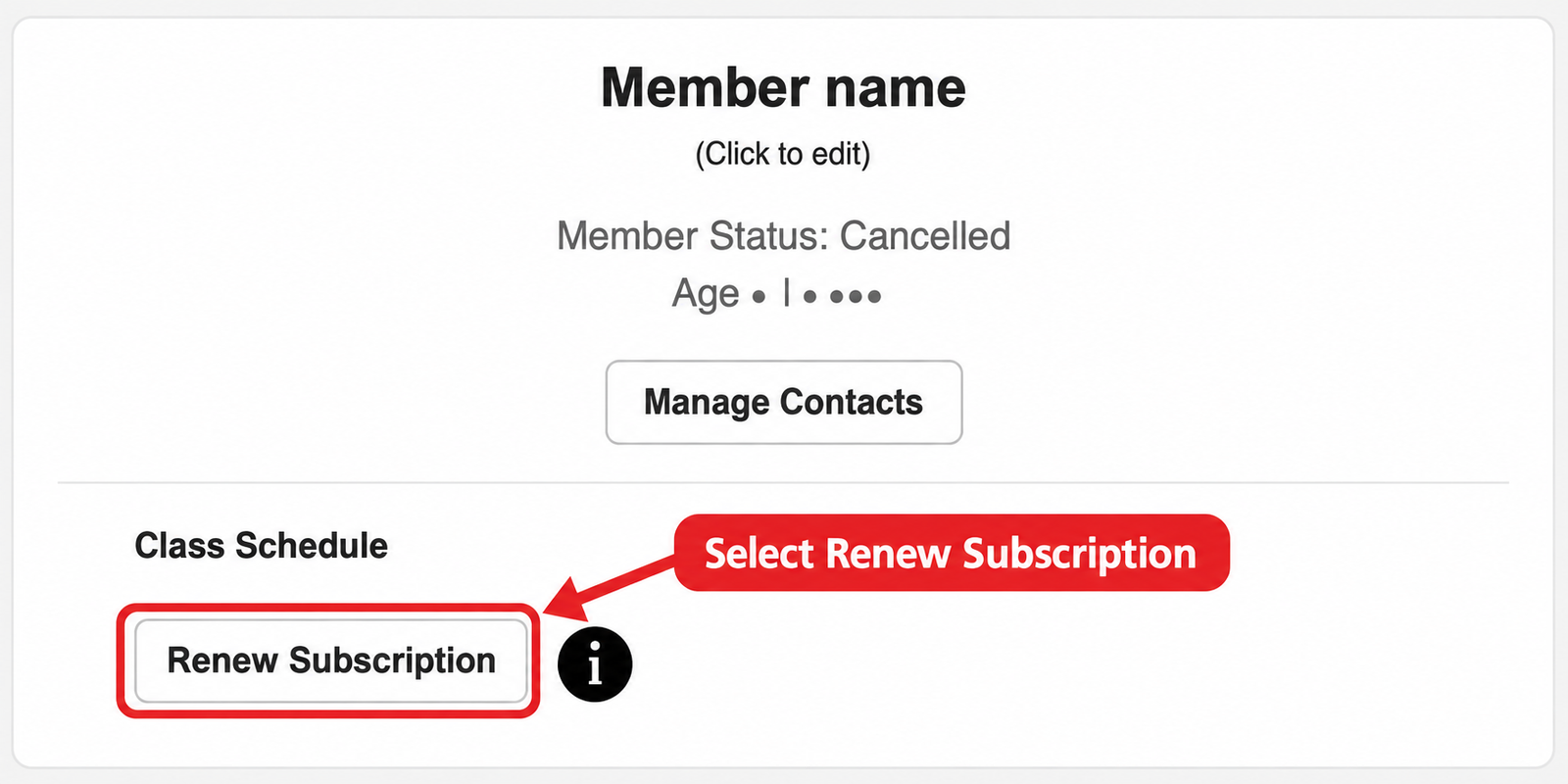 Cancelled member shown in the ZKS Member Dashboard with the Renew Subscription button highlighted.