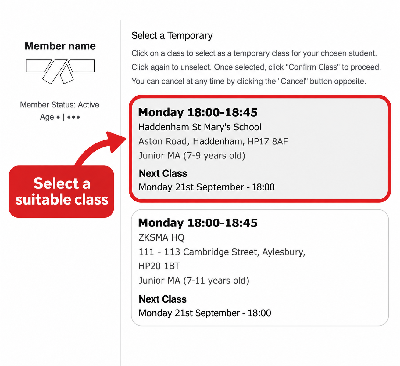 Anonymised temporary class selection screen with a red arrow and outline highlighting an example class card.